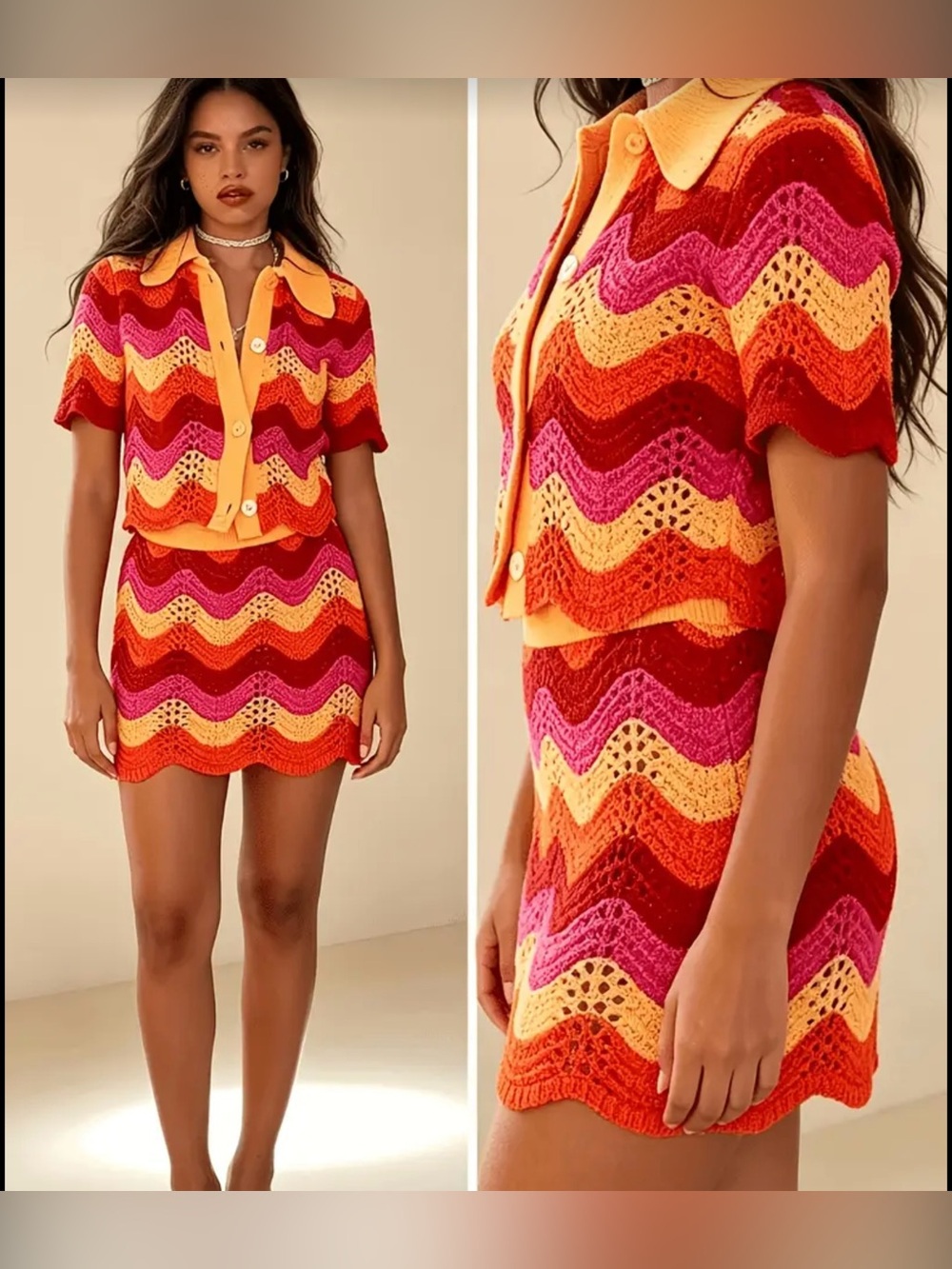 Multicolor Chevron Crochet Short Skirt Set